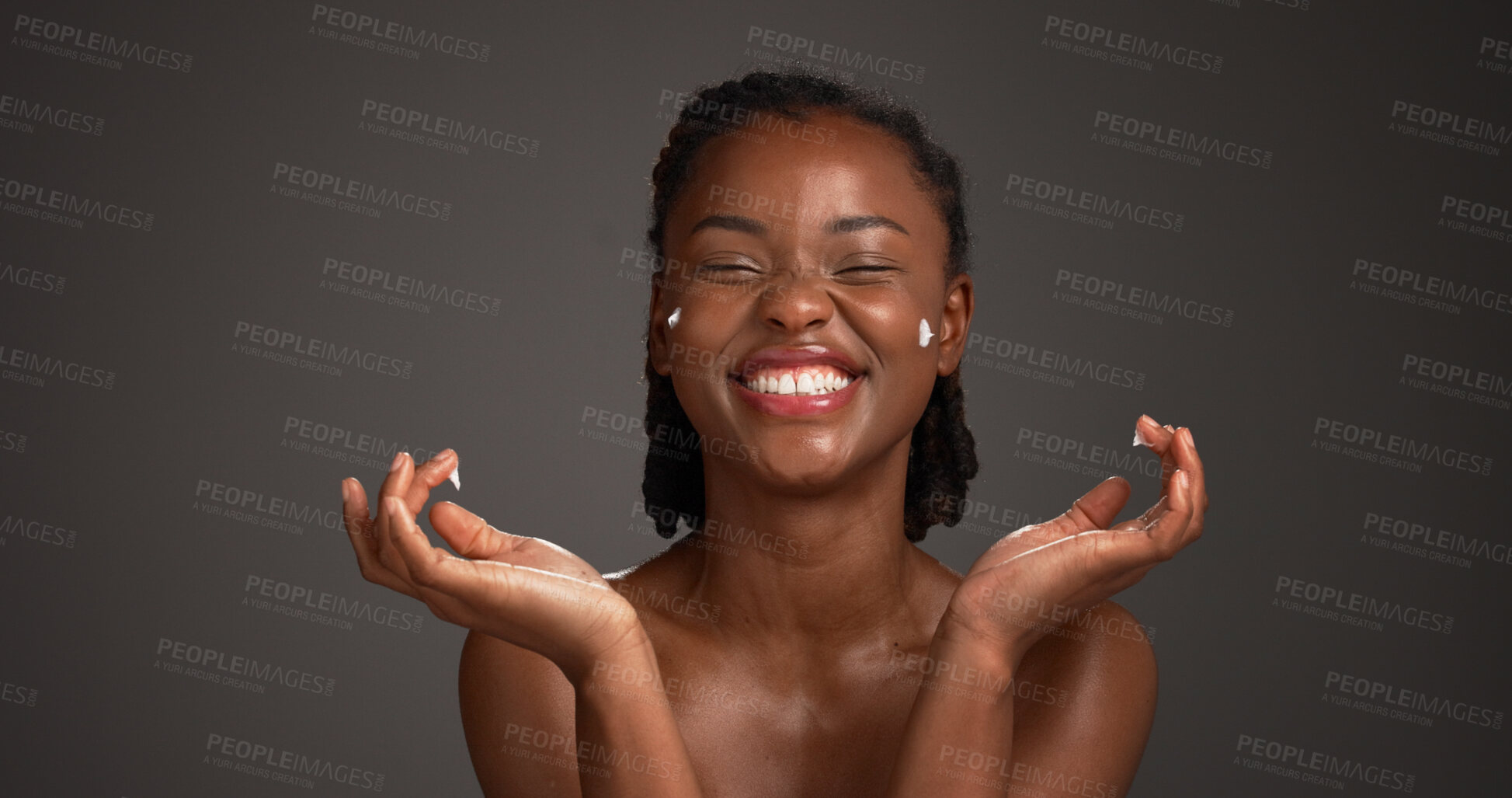 Buy stock photo Cream, happy and black woman in studio for skincare, cosmetics and collagen benefits on dark background. Space, dermatology and person with lotion for moisturizer, beauty products and hydration