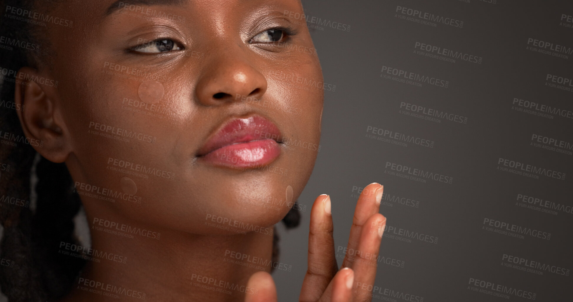 Buy stock photo Acne patch, beauty and lip gloss with black woman on studio space for cosmetics or dermatology. Inspection, skincare and treatment with African model isolated on gray background to remove pimple