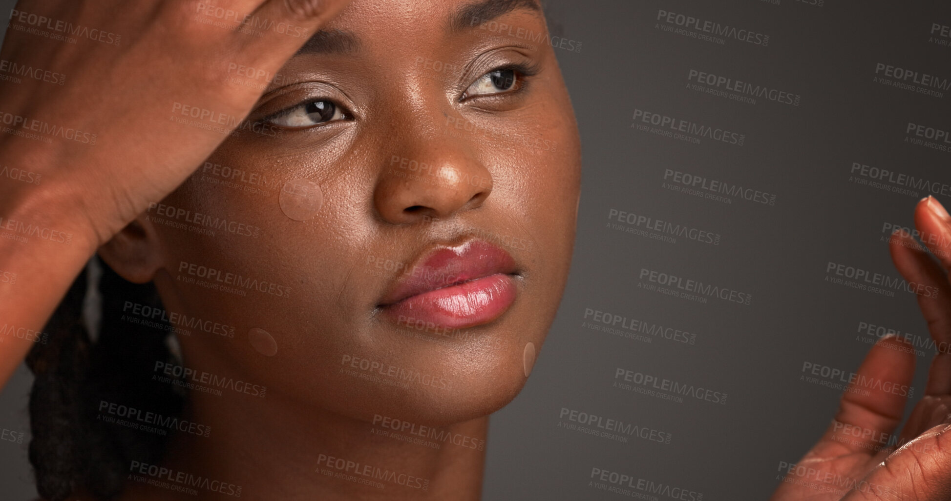 Buy stock photo Acne patch, lip gloss and skincare with black woman on studio space for cosmetics or dermatology. Beauty, inspection and treatment with African model isolated on gray background to remove pimple
