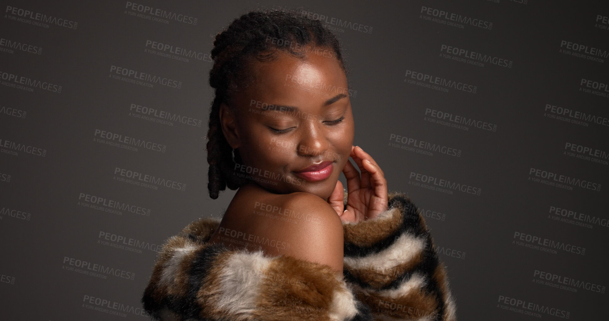 Buy stock photo Makeup, beauty and black woman in studio with glow, self care and glamour with cosmetology. Luxury, cosmetics and happy model with fur coat for aesthetic, makeover and shine on dark background space