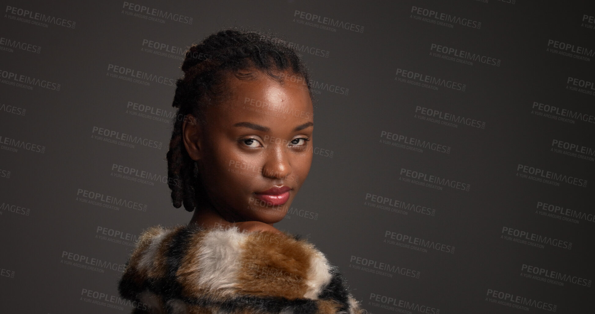 Buy stock photo Beauty, fur coat and portrait with black woman on studio space for cosmetics or dermatology. Aesthetic, confident and fashion with serious African model isolated on gray background for skincare
