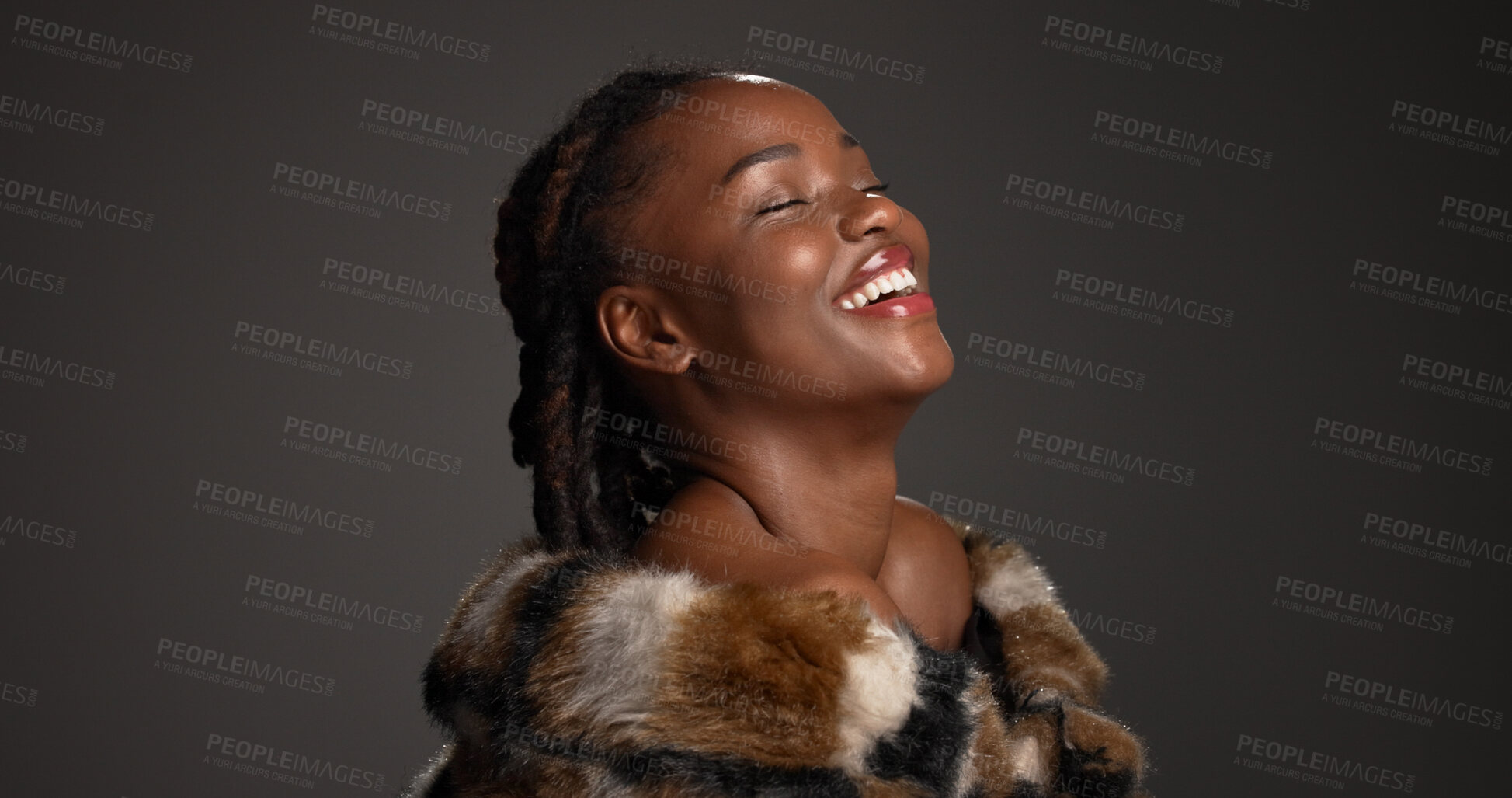 Buy stock photo Smile, black woman and makeup for beauty in studio with cosmetics, facial glow and aesthetic. Space, female person and confidence of luxury shine, fur coat and glamour for makeover on gray background