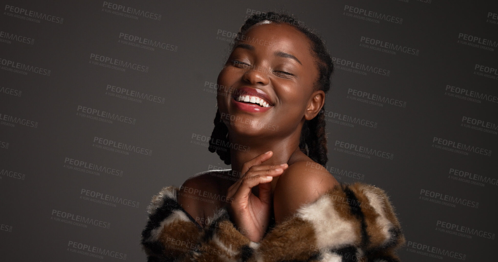Buy stock photo Smile, black woman and laughing for beauty in studio with cosmetics, facial glow and aesthetic. Space, female person and makeup for luxury shine, fur coat and glamour for makeover on gray background
