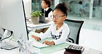 Business, kid and typing on computer in office for finance report, bookkeeping and pretend auditing. Accountant, girl child and role play with tech in coworking firm for account management or payroll