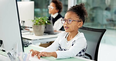 Buy stock photo Business, computer and typing with girl child in coworking office for cosplay or dress up. Costume, pc and work experience with kid at desk in workplace for planning, productivity or research