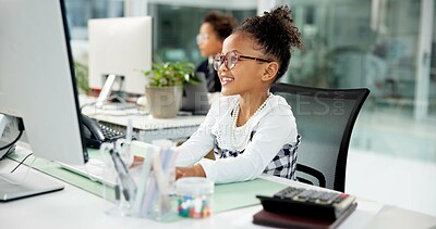 Buy stock photo Business, kid and happy with computer in office for accounting report, client feedback or pretend. Accountant, girl child or role play with tech in coworking firm for bookkeeping, auditing or payroll