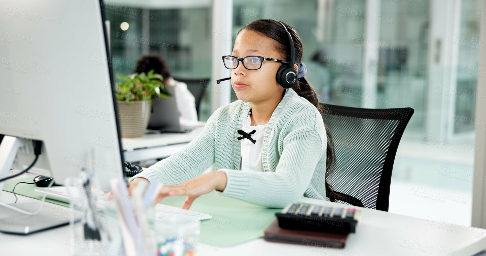 Buy stock photo Costume, call center or child in office with headset, business cosplay or consultant in customer service. Telecom, coworking or girl in agency with tech, dress up or support in client assistance.