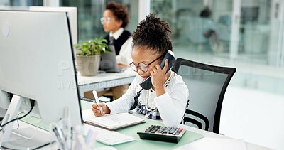 Buy stock photo Business, phone call and writing with girl child in coworking office for cosplay or dress up. Communication, costume and work experience with kid at workplace desk for agenda or planning in notebook