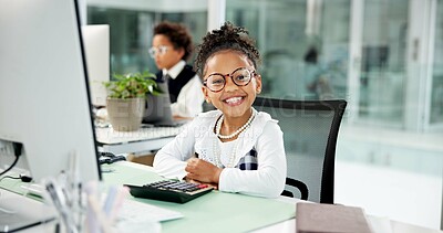 Buy stock photo Business, computer and portrait of girl child in coworking office for finance cosplay or dress up. Calculator, costume and work experience with happy kid at desk for accounting, planning or research