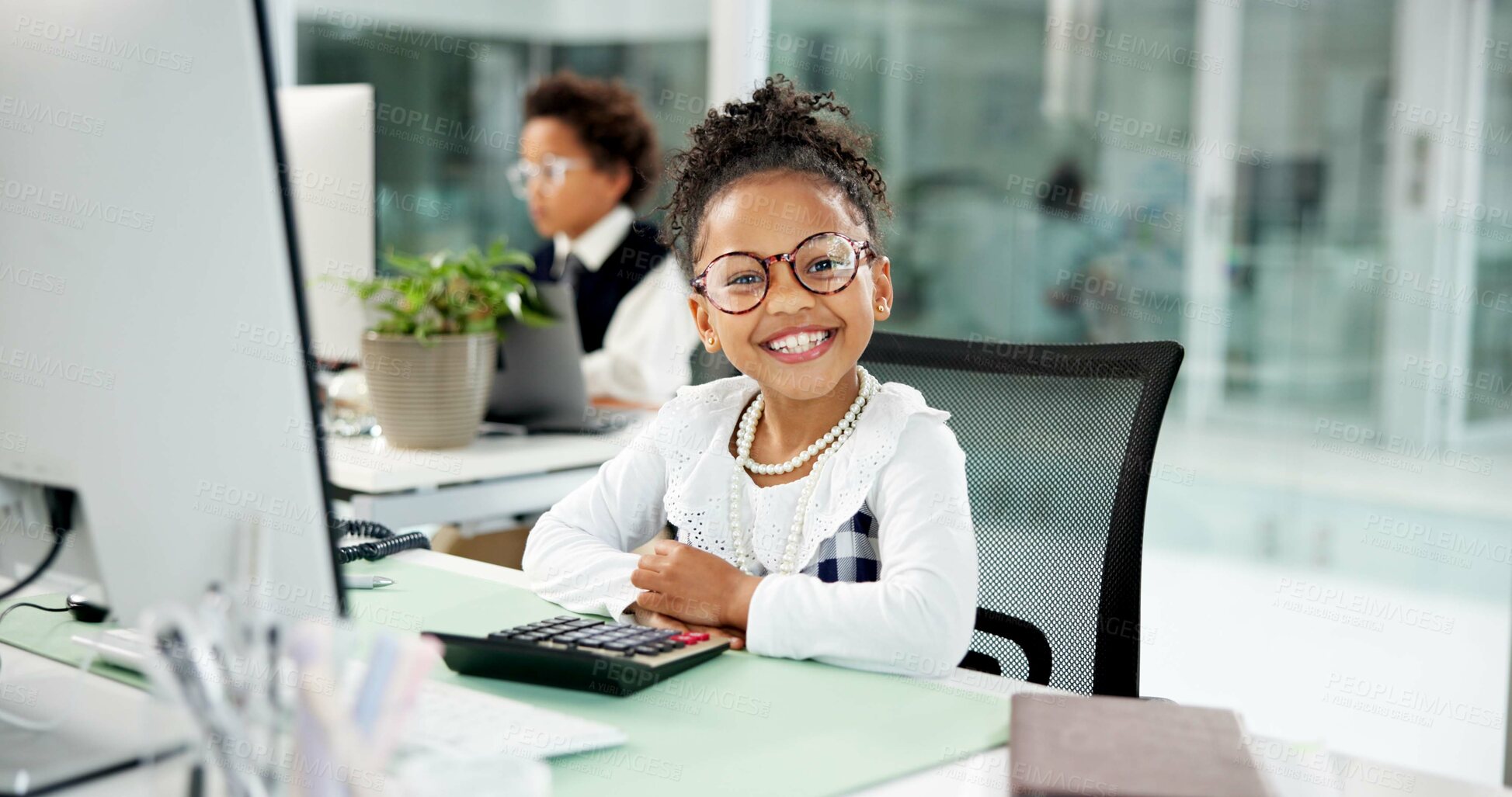 Buy stock photo Business, computer and portrait of girl child in coworking office for finance cosplay or dress up. Calculator, costume and work experience with happy kid at desk for accounting, planning or research