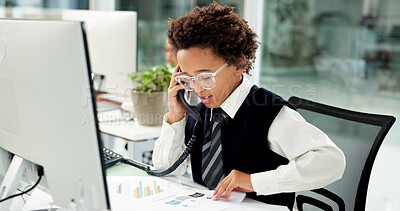 Buy stock photo Phone call, documents and child in office for business deal, negotiation or communication with cosplay. Contact, technology and boy kid on mobile discussion for finance paperwork in workplace.