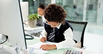 Buy stock photo Business, child and writing on document in office for accounting, finance report and pretend. Kid, computer and role play with paperwork for tax preparation, financial audit and coworking in company