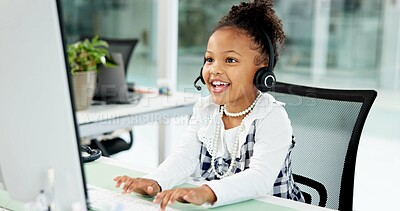 Buy stock photo Costume, call center or girl in office with headset, business cosplay or consultant in customer service. Telecom, happiness or child in agency with desktop, dress up or support in client assistance.
