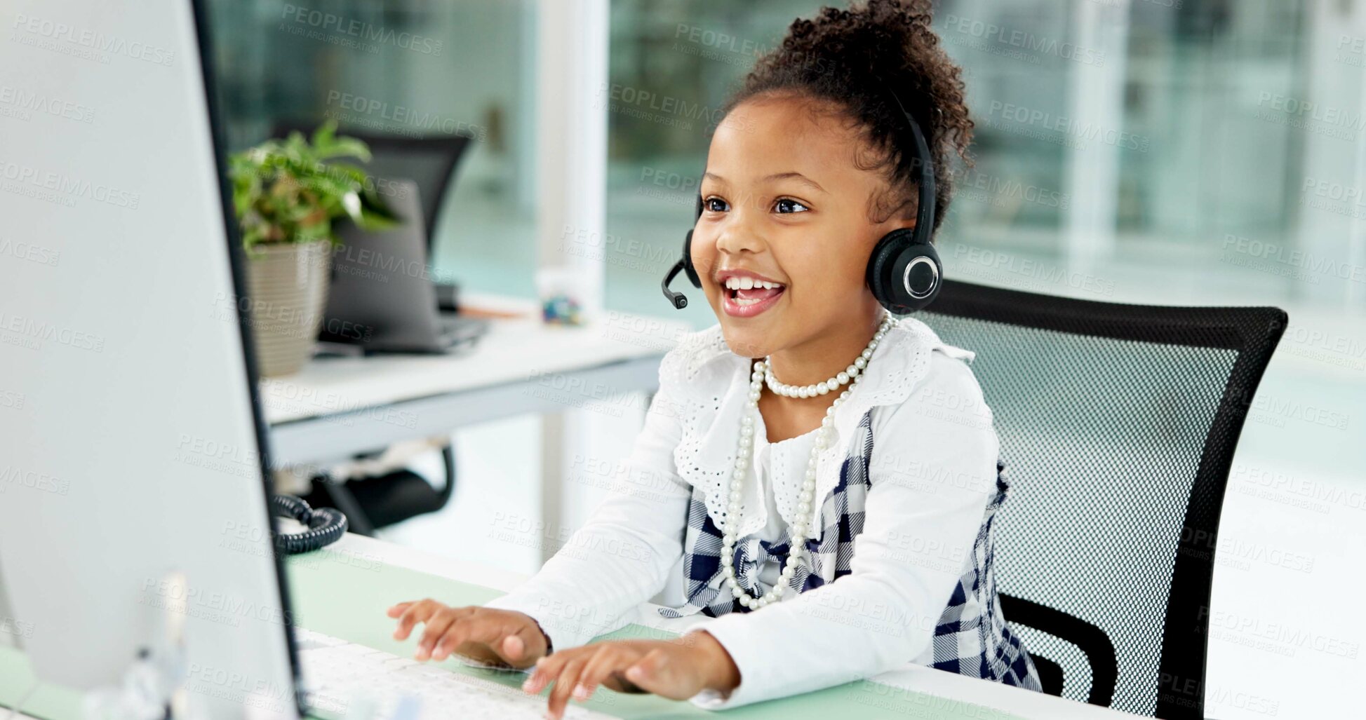 Buy stock photo Costume, call center or girl in office with headset, business cosplay or consultant in customer service. Telecom, happiness or child in agency with desktop, dress up or support in client assistance.