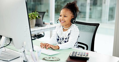Buy stock photo Happy, call center or child in office with headset, business dress up or consultant in customer service. Telecom, smile or kid in agency with desktop, cosplay or support in client assistance.