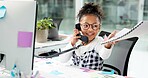 Phone call, documents and kid in office for business deal, negotiation or communication with cosplay. Contact, technology and girl child on mobile discussion for finance paperwork in workplace.