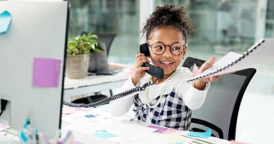 Buy stock photo Phone call, documents and kid in office for business deal, negotiation or communication with cosplay. Contact, technology and girl child on mobile discussion for finance paperwork in workplace.