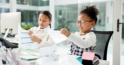 Buy stock photo Business, children and tear paper in office for finance, pretend and role play with bankruptcy. Happy kids, workplace and rip document for tax debt, accounting team and girls dress up for cosplay