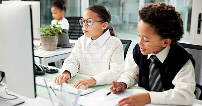 Buy stock photo Business, kids and computer with document in office for accounting, finance report and pretend. Children, team and role play with paperwork of budget planner, financial audit and coworking in company