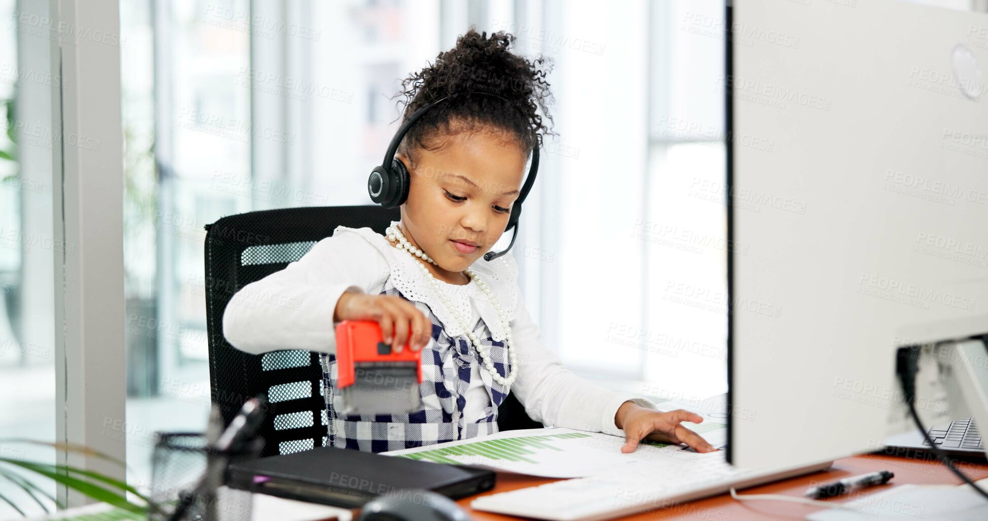 Buy stock photo Paperwork, headset or child with stamp in office, business professional cosplay or corporate career. Computer, charts or girl with approval for project, performance review or finance analyst dressup