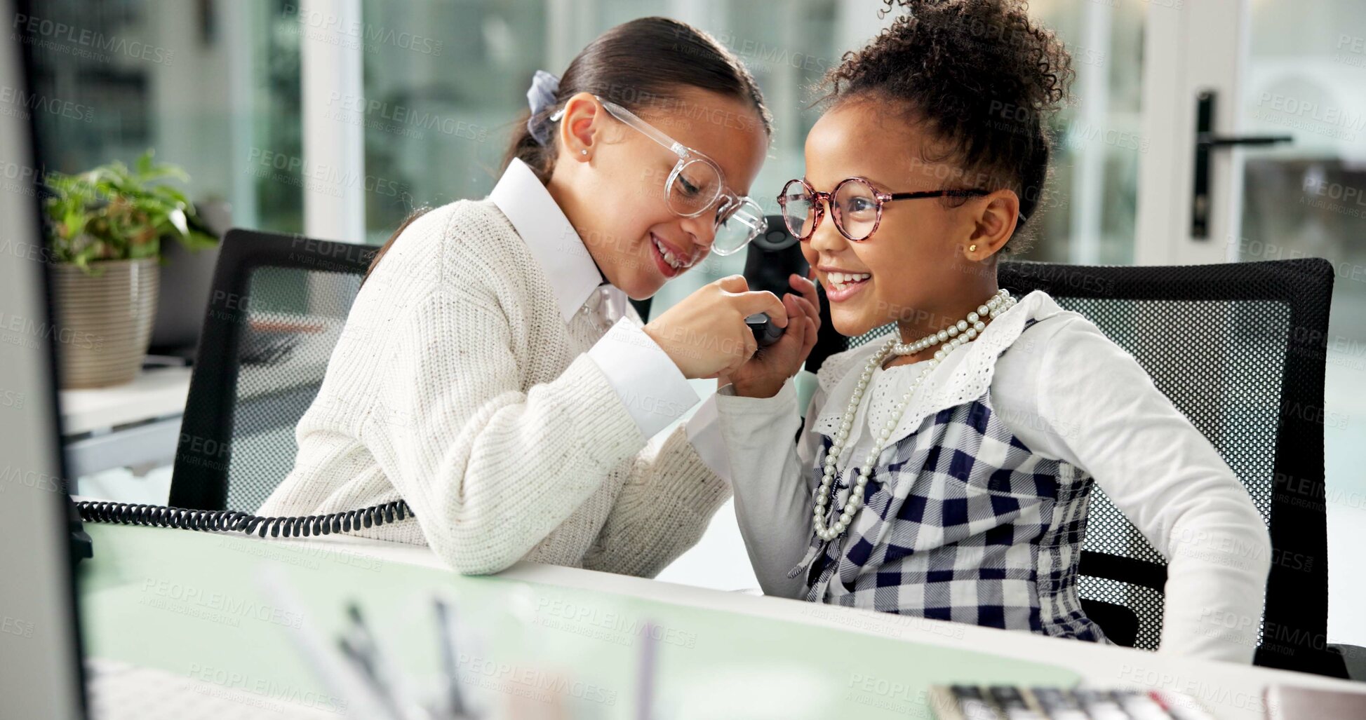 Buy stock photo Pretend, phone call and kids in office for business, deal or negotiation with communication. Happy, landline and girl children on mobile discussion for role play with corporate career in workplace.