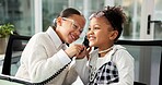 Laugh, phone call and children in office for business, deal or negotiation with communication. Happy, landline and girl kids on mobile discussion for cosplay with corporate career in workplace.