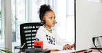 Typing, computer or child with headset in office, business professional cosplay or customer care career. Pc, tech support dressup or girl with virtual assistant costume, hotline agent and call center