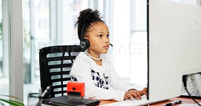 Buy stock photo Typing, computer or child with headset in office, business professional cosplay or customer care career. Pc, tech support dressup or girl with virtual assistant costume, hotline agent and call center