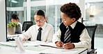 Business, kids and reading with document in office for accounting, finance report and pretend. Children, team and role play with paperwork of budget planner, financial audit and coworking in company