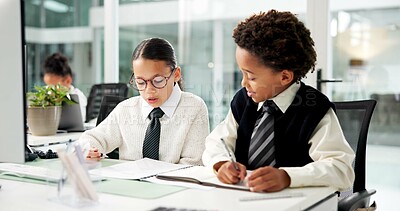 Buy stock photo Business, kids and reading with document in office for accounting, finance report and pretend. Children, team and role play with paperwork of budget planner, financial audit and coworking in company