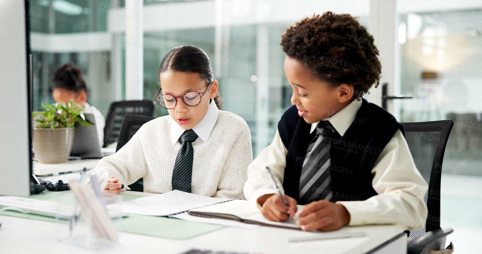 Buy stock photo Business, kids and reading with document in office for accounting, finance report and pretend. Children, team and role play with paperwork of budget planner, financial audit and coworking in company