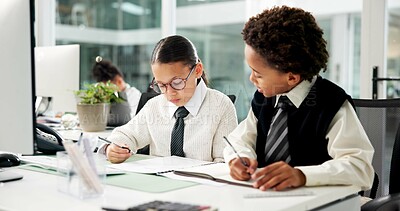 Buy stock photo Business, children and reading with document in office for accounting, finance report and pretend. Kids, team and role play with paperwork on budget reminder, financial audit and coworking in company