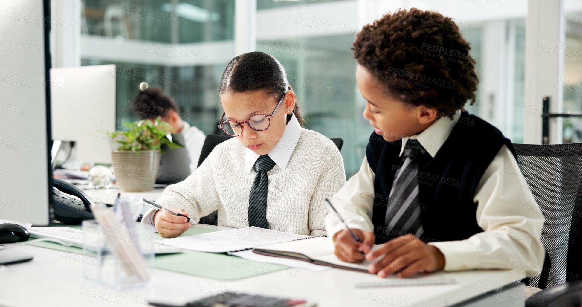 Buy stock photo Business, children and reading with document in office for accounting, finance report and pretend. Kids, team and role play with paperwork on budget reminder, financial audit and coworking in company