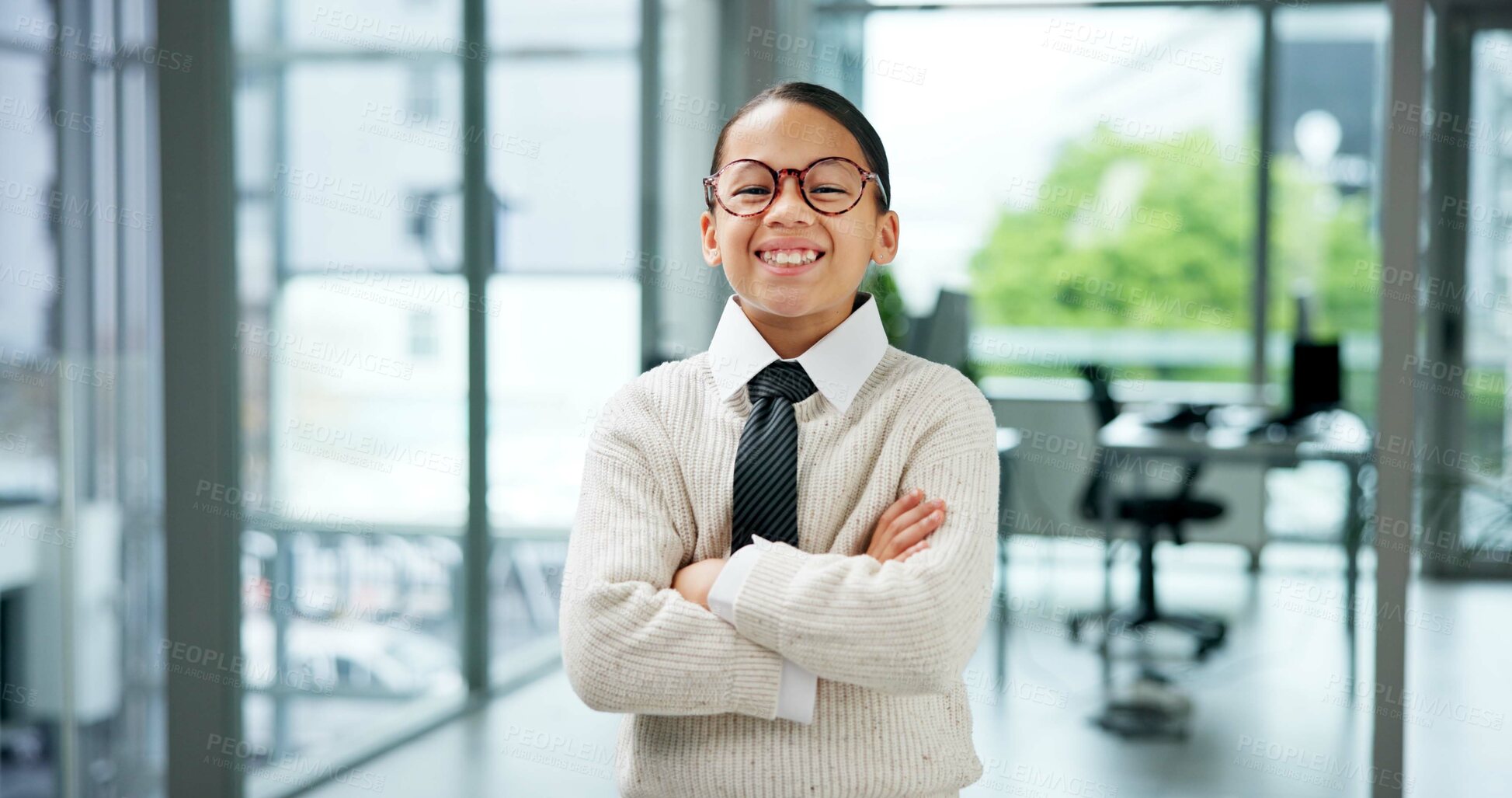 Buy stock photo Arms crossed, portrait and smile of girl in office for cosplay, dress up or pretend career. About us, child development and costume with happy kid in workplace for fantasy, future or role play