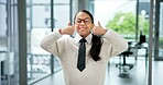 Happy girl, portrait and playing business with thumbs up in office for junior internship or cosplay. Person, child or kid with smile, like emoji or yes sign for career day or pretending in workplace