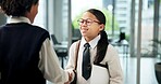 Happy children, business and playing with handshake in office for junior partnership or cosplay. Girl, boy or kids shaking hands with smile for career day, team agreement or pretending in workplace