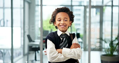 Buy stock photo Arms crossed, portrait and smile with business child in office for early investment, about us or trust fund advisor. Pretend broker, happy and role play with person in finance agency for asset growth