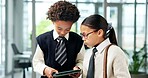 Business, collaboration and tablet with children in office together for cosplay or dress up. App, conversation or costume with boy and girl kids in workplace for planning, research or team meeting
