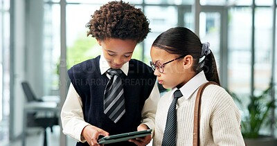 Buy stock photo Business, collaboration and tablet with children in office together for cosplay or dress up. App, conversation or costume with boy and girl kids in workplace for planning, research or team meeting
