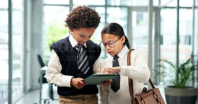 Buy stock photo Business, conversation and tablet with children in office together for cosplay or dress up. App, collaboration or costume with boy and girl kids in workplace for planning, research or team meeting