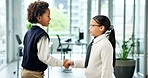 Business, children or handshake in office with meeting for recruitment, onboarding or work costume. Kids, greeting or shaking hands in workplace with interview for job vacancy, role play and pretend.