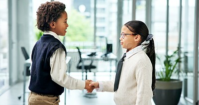 Buy stock photo Business, children or handshake in office with meeting for recruitment, onboarding or work costume. Kids, greeting or shaking hands in workplace with interview for job vacancy, role play and pretend.