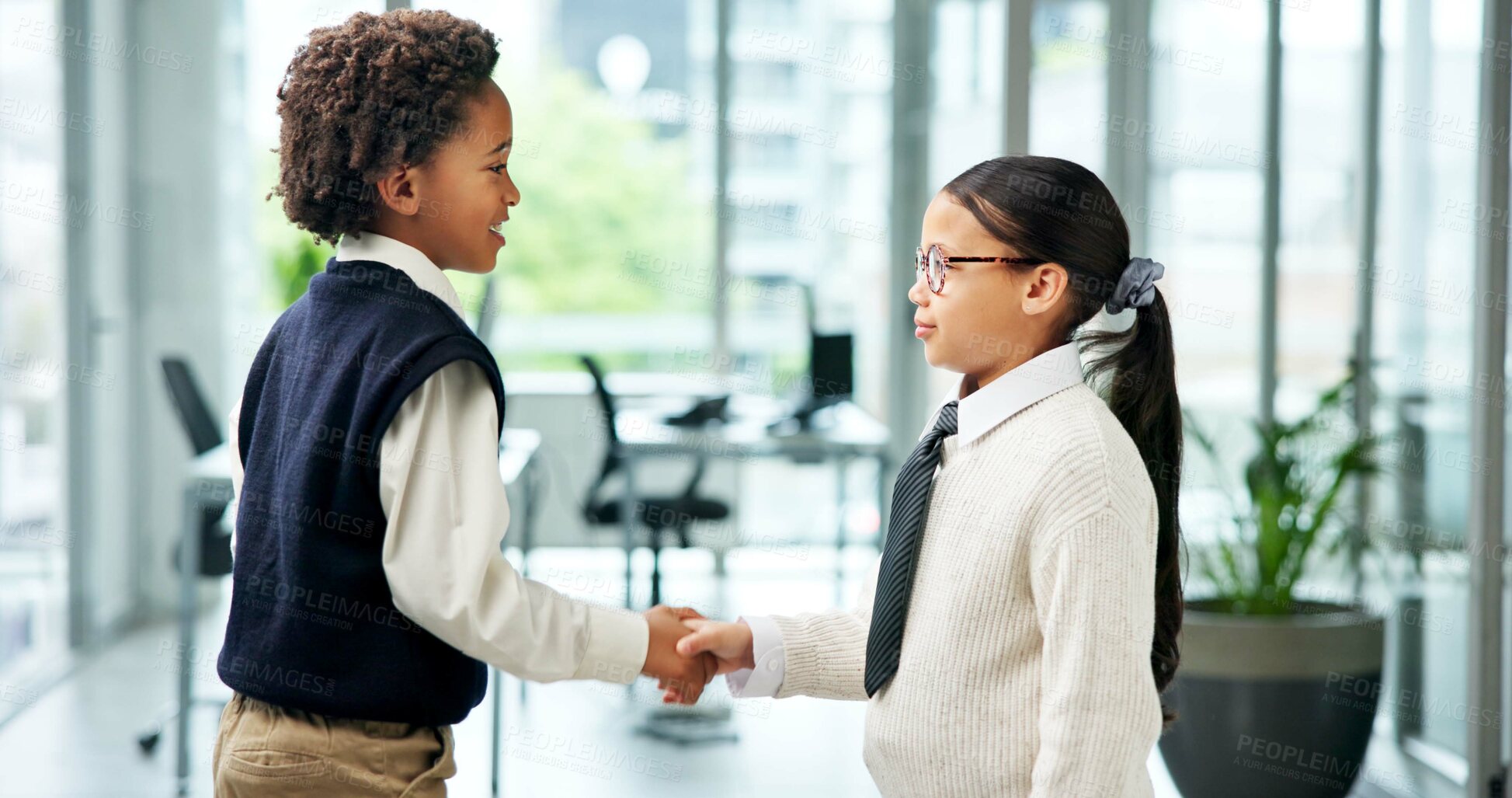 Buy stock photo Business, children or handshake in office with meeting for recruitment, onboarding or work costume. Kids, greeting or shaking hands in workplace with interview for job vacancy, role play and pretend.