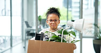 Buy stock photo Box, portrait and job loss with girl child in office for unemployment cosplay or dress up. Business, fired and termination with unhappy kid in costume for  dismissal, fail or recession at work
