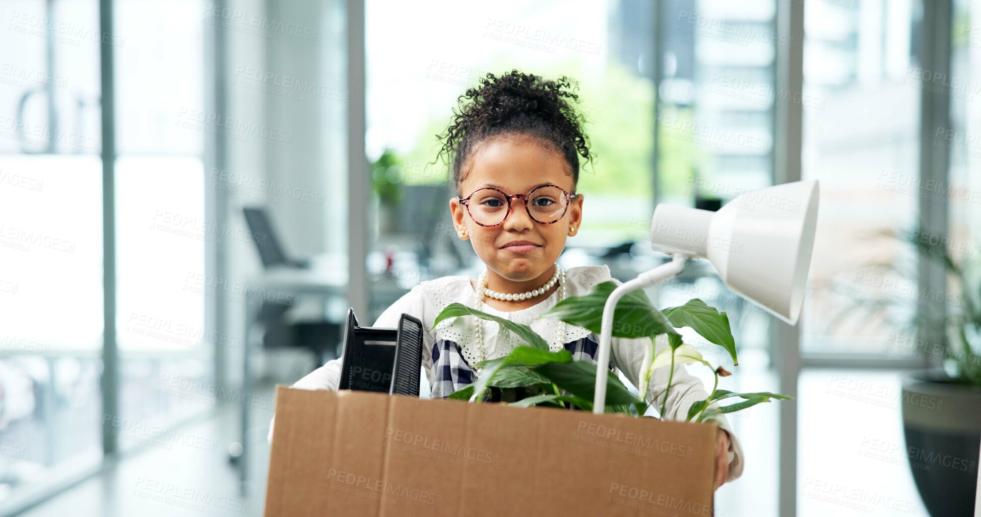Buy stock photo Box, portrait and job loss with girl child in office for unemployment cosplay or dress up. Business, fired and termination with unhappy kid in costume for  dismissal, fail or recession at work