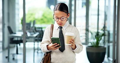 Buy stock photo Pretend, phone and kid in office with coffee cup, business dress up and online communication with client. Cosplay, tech and child in workplace with drink, networking or update via email app.