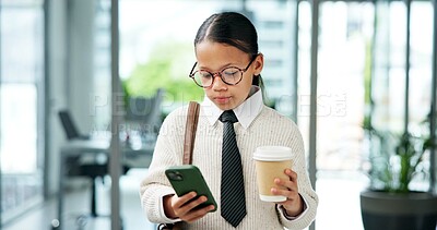 Buy stock photo Pretend, phone and child in office with coffee cup, business dress up and online communication with client. Cosplay, tech and kid in workplace with drink, networking or update via email app.