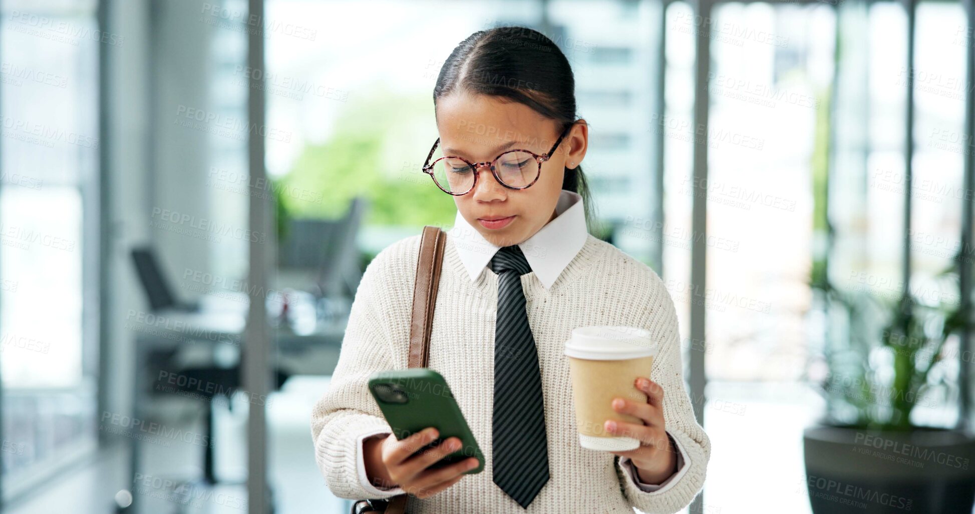 Buy stock photo Pretend, phone and child in office with coffee cup, business dress up and online communication with client. Cosplay, tech and kid in workplace with drink, networking or update via email app.
