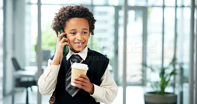 Buy stock photo Phone call, coffee and child in office for business with cosplay for future career with contact. Happy, cappuccino and boy kid on mobile discussion for communication with corporate job in workplace.