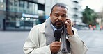 Information, microphone and portrait of reporter in city for breaking news broadcast or update. Announcement, journalism and reporting with mature black man outdoor in street for live coverage